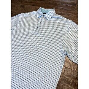 FootJoy FJ Golf Polo Shirt Mens Medium Blue Plaid Short Sleeve Logo Stretch